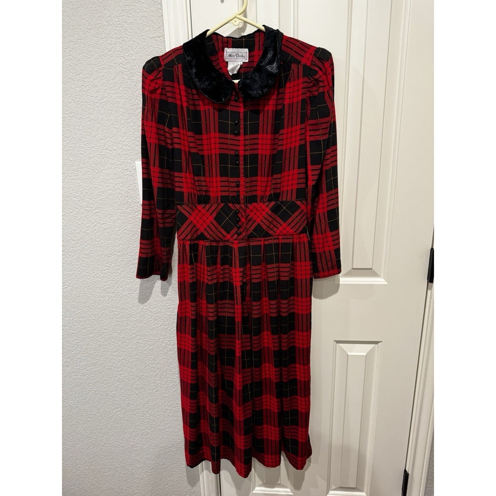 Vintage Red Plaid Dress Holiday Christmas Velvet Collar Cottagecore Medium